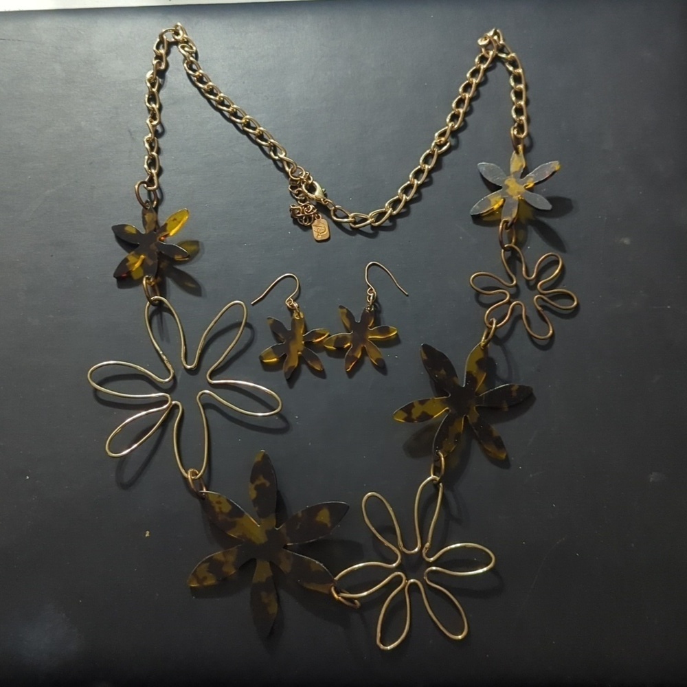 You and I Gold Tone Brown Tortoise Shell Resin Flower Necklace and Earrings Set